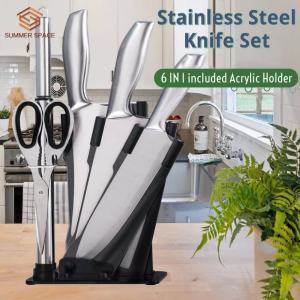🔪🔪Set Premium Pisau Dapur Pengasah Gunting & Pemegang Akrilik | 6in1 Premium Stainless Steel Kitchen Knifes Set with Sharpener Knife Stand Holder & Scissor