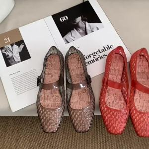 [Free Shipping] Flat Crystal Shoes Hollow Woven Jelly Sandals Single-Strap Slippers Ballet Shoes