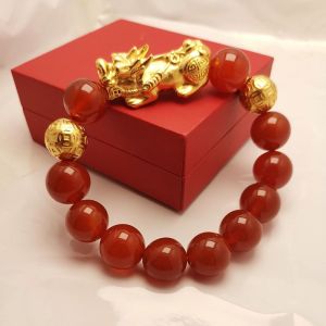 ชุบทองแท้  9999 สร้อยข้อมือปี่เซียะสำหรับผู้ชายและผู้หญิงลูกปัดนำโชคสร้อยข้อมืออาเกตสีแดงสร้อยข้อมือสีทอง