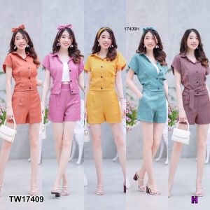 TW17409 Set 3 ชิ้น เสื้อครอปแขนล้ําปกเชิ้ต + กางเกงขาสั้น + โบว์ผูกผม