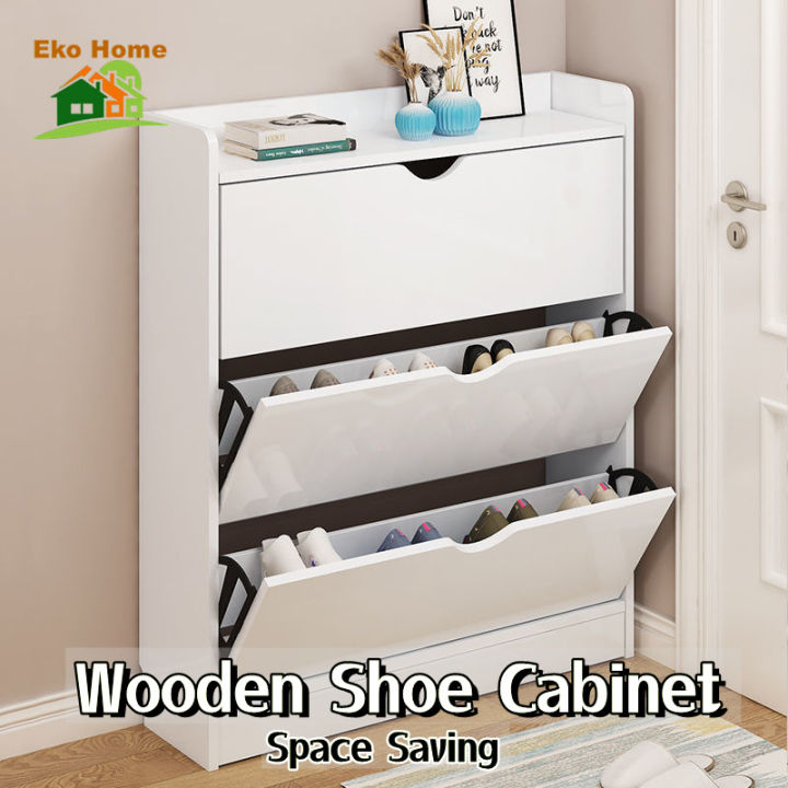 【Three Layer】Shoe Cabinet Wood Flip Shoe Rack Cabinet Space Saving for ...