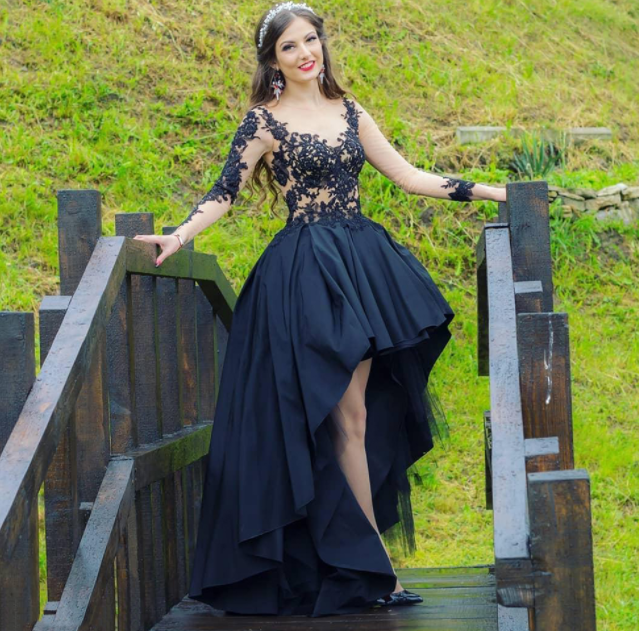 Black Prom Dresses For Women Elegant High Low Long Sleeves Formal