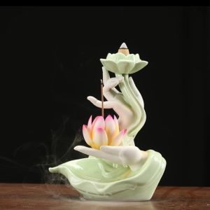 TEWUB Lotus Flower Backflow Incense Burner Ceramic Buddha Hand Shape Incense Stick Holder Aromatherapy Censer Zen Incense Burner Fountain Home Decoration