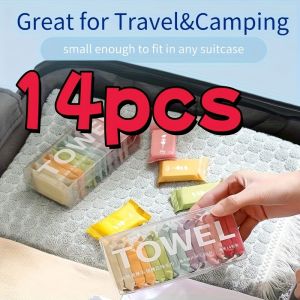 14pcs Portable Compressed Towel Tablets - Lightweight Super Absorbent Travel Wash Cloths in Assorted Colors - Ideal for Camping Hiking & Outdoor Adventures Outdoor Camping Accessories | Compact Travel Towels | Thicker Wipes