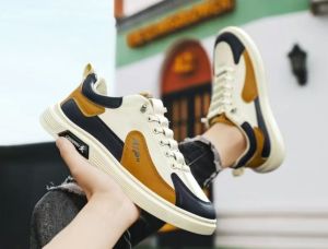 Colorblock low-top casual sneakers White blue and gray contrast trendy sports shoes AIP colorblock casual shoes Light sports style contrast sneakers Multicolor stitching lace-up casual shoes Letter-decorated low-top sneakers