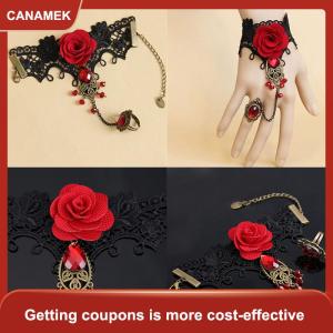 【CANAMEK 】 Hot New Elegant Gothic Style Lace Red Rose Bracelet with Adjustable Finger Ring
