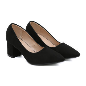 Korean Women suede Pointed Toe Black Office Work Block Heel Shoes