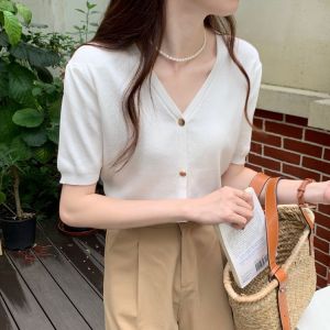 Korean version of fashion V neck button bubble sleeve knitted cardigan women short sleeve top