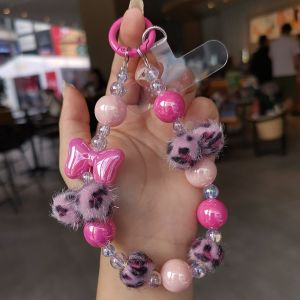 DIXRY Anti-lost Leopard Print Phone Lanyard Bowknot Short Hairball Phone Hanging Chain Bag Decoration Trinket Girls Phone Pendant Female Lady Girl
