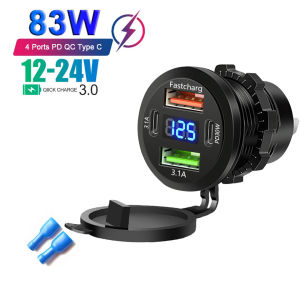 Ổ cắm sạc xe hơi 4 cổng 12V 24V sạc nhanh USB kép Type-C kép có đồng hồ đo điện áp chống nước phù hợp cho xe máy RV thuyền xe tải