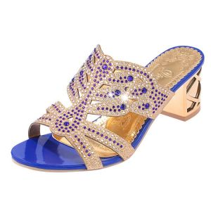 [Free Shipping] Size 42 Summer New Large Size Roman Sandals with Rhinestones High Heel Chunky Heel Breathable Hollow Womens Slippers