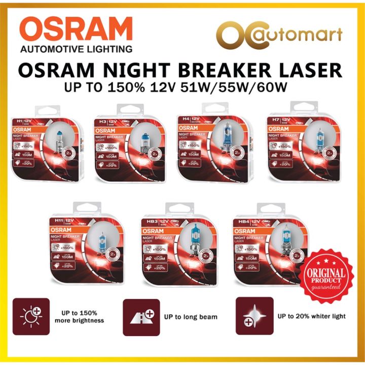 ORIGINAL OSRAM Night Breaker Laser 4TH Gen Bulb Light Headlamp Lamp H1 H3  H4 H7 H8 H11 HB3 9005 HB4 9006 Lampu Mentol