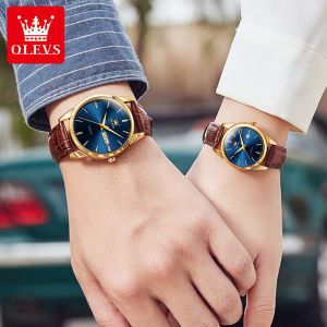 Merek bersertifikat Swiss OLEVS 2pcs (jam pria+jam wanita) jam couple pasangan terbaru 2024 anti air ori asli import tali kulit kaca safir kalender Bercahaya