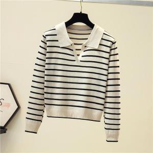 Striped V-neck Pullover Polo Sweater Womens Autumn Tops Long-sleeved Knitted Bottoming Sweaters Jumpers