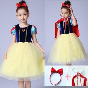 Great-King Girls Princess Snow White Dress with Headband Cape Kids Christmas Party Cosplay Costume Children Short Sleeve Cartoon Clothing