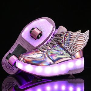 Fast Shipping Wing kids shoes mirror leather sneakers double-wheeled Heelys parent-child roller skates charging LED shoes girls luminous shoes size 28-40 wheel shoes TZXJ