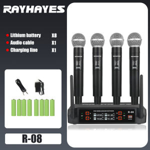 RAYHAYES 4 Channel Wireless Microphone UHF Rechargeable Dynamic Microphone for Karaoke