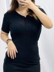 BAJU ATASAN  RAJUT KNIT WANITA LENGAN PENDEK POLOS // V-NECK BLOUSE /BLIUS /ATASAN WANITA DEWASA