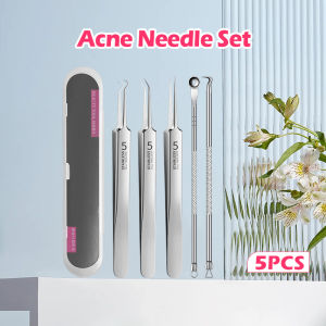 5PCS Stainless Steel Acne Extractor Remover Needle Kit Blackhead Tweezers Pimple Tool Kit Set wt Case Alat Jerawat 去黑头粉刺痘痘摄子