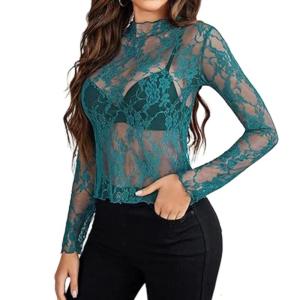 Long Sleeve Mock Neck Floral Lace Top Ruffle Trim Slim Fit T-Shirt for Women Party Club Night Out Sheer Mesh Blouse