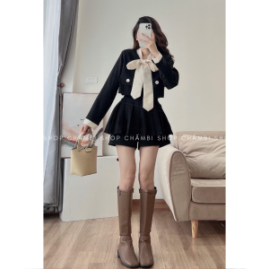 [KHÔNG KÈM BELT] Set đồ nữ đi chơi S.162 Set áo thắt nơ mix quần váy xếp ly tiểu thư - Shop Chấm Bi