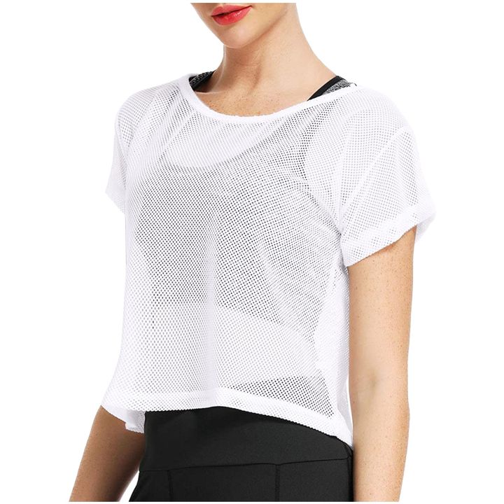 Black Mesh Crop Top With Short Sleeves Sheer See Through Mesh Tops for  Women 