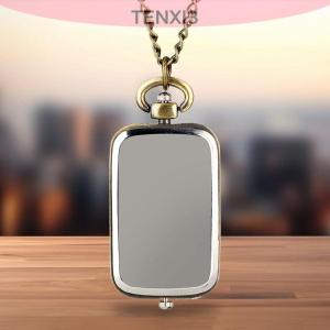 TENXI3 Đồng hồ tinh tế bằng đồng móc khóa bỏ túi đồng hồ vuông Retro đôi thời gian đồng hồ thạch anh không có mặt dây chuyền phong cách cổ