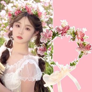 LUCKFRE สไตล์โบฮีเมีย พวงมาลัยสำหรับเจ้าสาว เครื่องประดับผมประดับ ดอกไม้จำลอง ที่คาดผมพวงหรีด หรูหราสุดหรู ชุดคลุมศีรษะ ผ้าโพกศีรษะวันหยุดริมทะเล สำหรับผู้หญิง