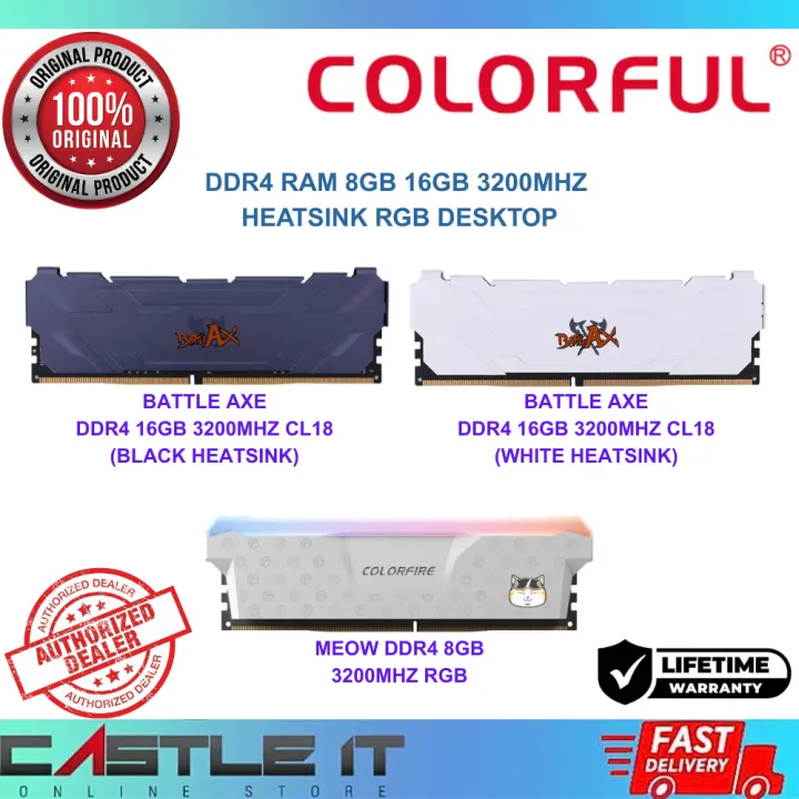 Colorful Battle Axe & Colorfire Meow DDR4 RAM 8GB 16GB 3200MHz Heatsink RGB Desktop Memory