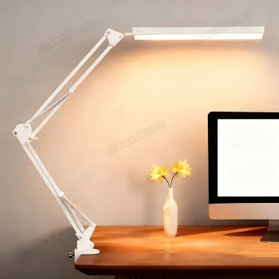 โคมไฟป้องกันดวงตา LED โคมไฟตั้งโต๊ะ USB โคมไฟตั้งโต๊ะสำหรับอ่านหนังสือที่มีคลิปหัวคู่ไฟ LED ปรับระดับได้ หมุนได้ แบบพับไ