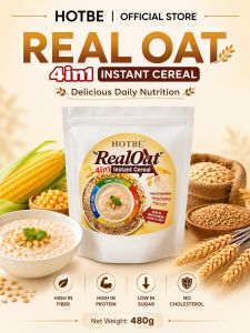 HOTBE Real Oat 4 in 1 Instant Cereal 480g | Wholegrain Oat Barley Wheat & Corn | High Fibre | Low Sugar | Healthy Breakfast Cereal