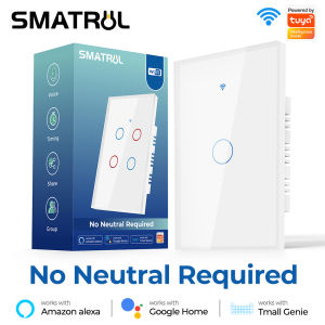 SMATRUL Tuya Smart Switch Wifi Touch Light Switch No Neutral Wire 1/2/3 Gang Wall On Off Screen Panel for Alexa Google Home