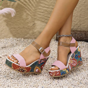 [Free Shipping] Womens Wedge Heel Peep-Toe Sandals 2025 Summer New Simple Ethnic Style Floral Pattern One-Strap Open-Toe Sandals