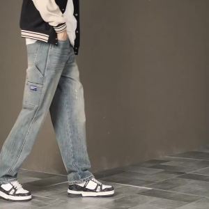 Personalized Splicing Vintage Jeans Mens Korean Fashion Straight Casual Cargo Pants Male Large Pocket Casual Denim Trousers