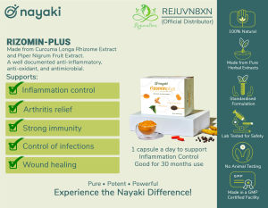 Nayaki Herbal Rizomin Plus for arthritis and boost immunity. Made from turmeric and black pepper. 100 caps per box