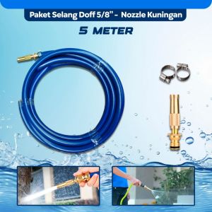 TITIK TIGA  Paket Selang Doff 5/8” Nozzle Semprotan Kuningan Lengkap Selang Siram Tanaman Cuci Motor – Paket Selang Elastis 5/8” Selang Doff 1 MM Semprotan Lurus Kuningan 3 Mode Set Selang Rumahan 5/8”