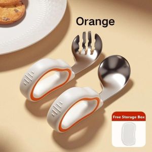 Oldlaiben Short Handle Kid Spoon and Fork Set 316 Stainless Steel Training Silicone Spoon and Fork Set