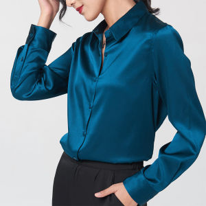Alisa Sonya Women Satin Shirt Classic Basics Shirt Plus Size 9 Solid Colors Elastic Single-Breasted Long Sleeve Shirt Lapel Collar Blouse for Women