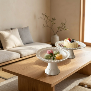 Locaupin Ceramic Tray & Wooden Base–Jewelry Holder Perfume Display Stand Dessert Plate Key & Accessory Organizer