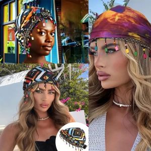 BELLEMODE ยืดหยุ่น ผ้าคลุมศีรษะลูกปัดหลากสี ระบายอากาศได้ดี ฮิญาบ ผ้าโพกหัวหางพิมพ์ แฟชั่น แบบอินเดีย ผ้าพันศีรษะแบบผูกไว้ล่วงหน้า ทุกวัน