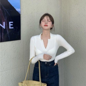 Polo Blouse Knitted Blouse Plus Size Womens Korean Style Loose V-Neck Long-sleeved Bottom Shirt