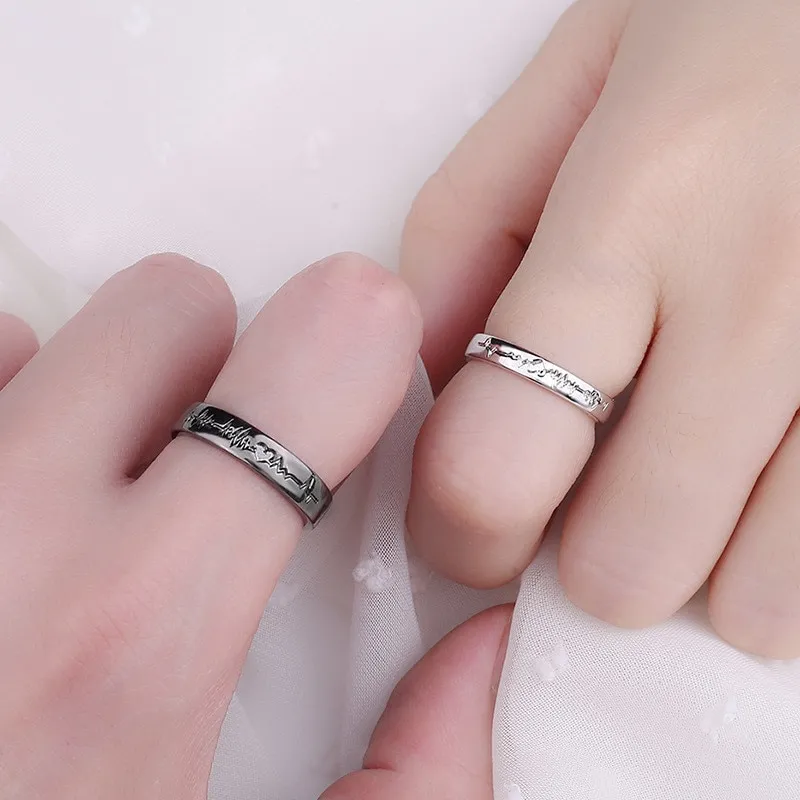 【♡Lovely girls house♡】2Pcs/Set Love Heart Electrocardiogram Couple Rings  for Men Women Lover Black Silver Color Wedding Valentine'Day Gift