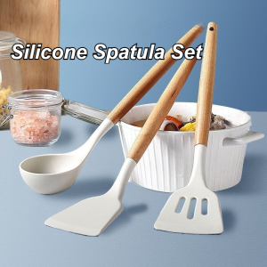 White Silicone Kitchen Utensils Set With Wooden Handle Heat Resistant And Non-Stick For Cooking