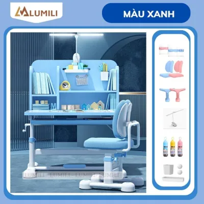 Bàn học chống gù chống cận thông minh Lumili A22 có giá để sách mới nâng hạ độ cao bằng tay quay điều chỉnh nghiêng dễ dàng size lớn 60x80cm