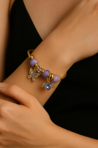 Lunara Royal Amethyst Heart and Butterfly Gold Charm Bracelet