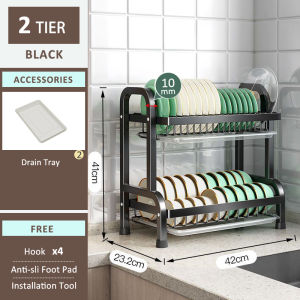 GSlife🔥2/3-Tiers Premium Green-Gold Large Dish Rack Organizer Stainless Steel Dish Drainer Multifunction Plate Organizer Storage Shelf Kitchen Rack Utensil Holder