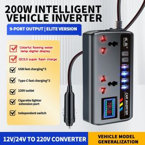 Kebidumei 200W Universal Car Inverter 12V 24V To 220V Car Truck Power Converter with Digital Display QC3.0 USB Type C Fast Charging Truck Socket Charger Inverter