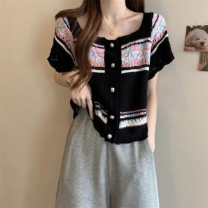 FRAN Summer Short Sleeved Knitted Top Women Button Printed T-shirt Blouse