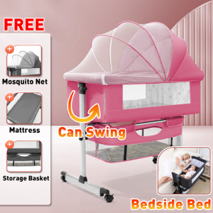3-in-1 Baby Crib Rocker with Mosquito Net Mattress & Storage Convertible Bassinet Bed Safety Certified