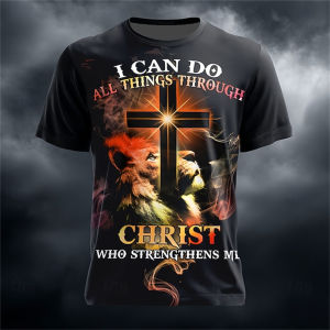 [Local Stock] VCC Jesus Cross Pattern Mens T shirt Casual Loose Round Neck Short Sleeve Funny 3D Lion Printing Tees Summer Fashion Loose Man Tops